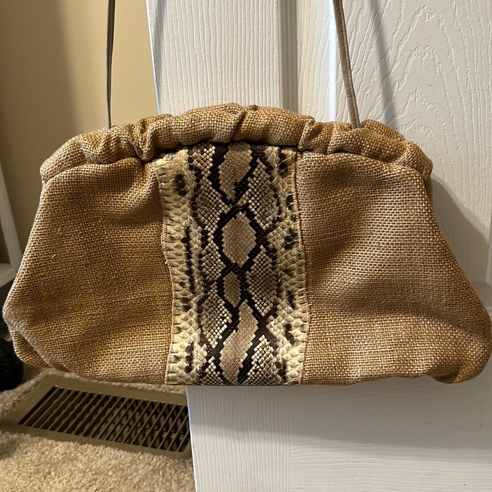 Vtg X-Large natural burlap snakeskin clutch shoulder bag